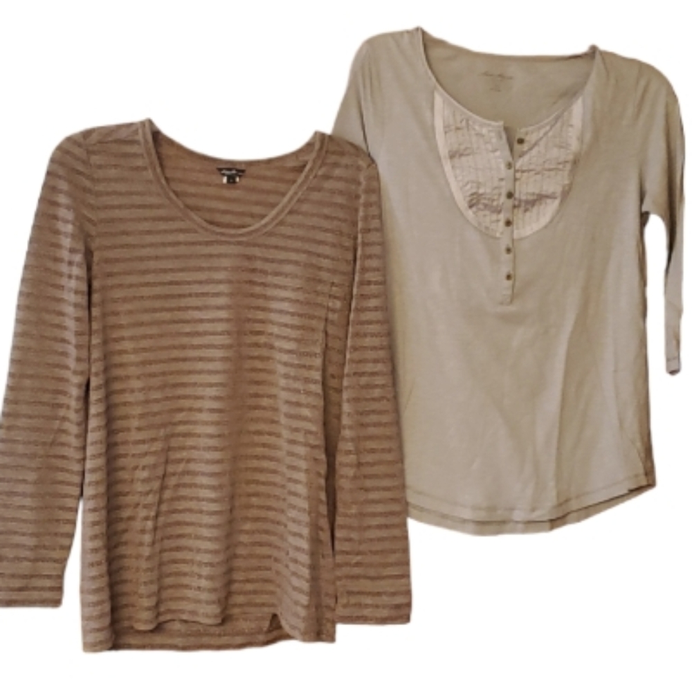 Eddie Bauer Womans 2 Pack Lightweight Long Sleeve Shirts-Brown Stripes & Grey